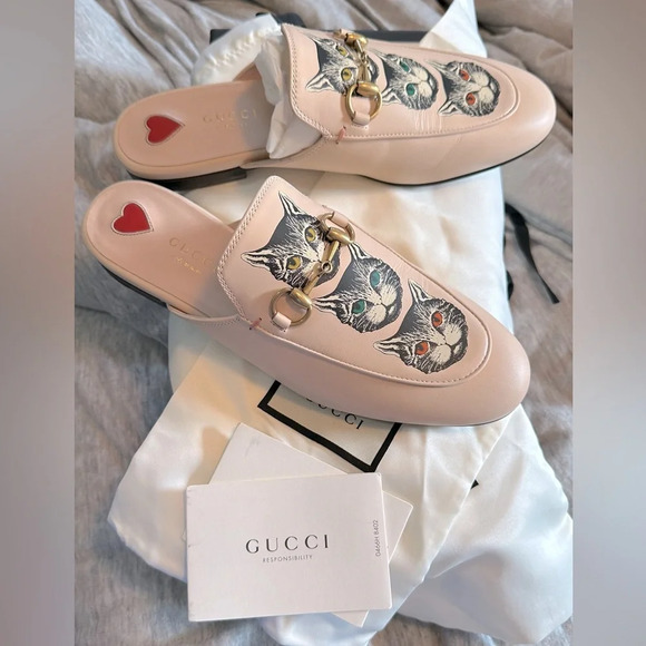 NIB Gucci Pink Leather Mystic Cat Princetown Mules Flats Size 37 - Picture 5 of 12